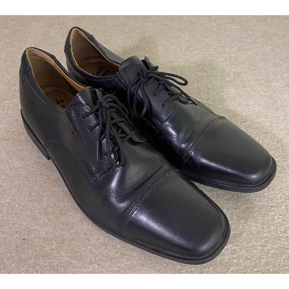 Men's Clarks Tilden Cap Oxford Black Leather Dress Shoes Sz 10 Cushion Ortholite